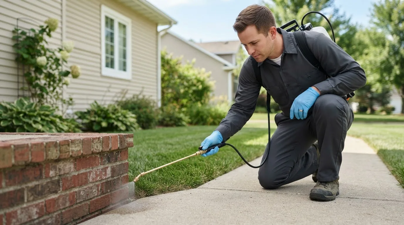 Pest control technician treating a home near George West, TX
