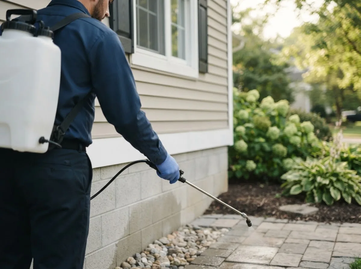 Pest control technician inspecting a home in George West, TX